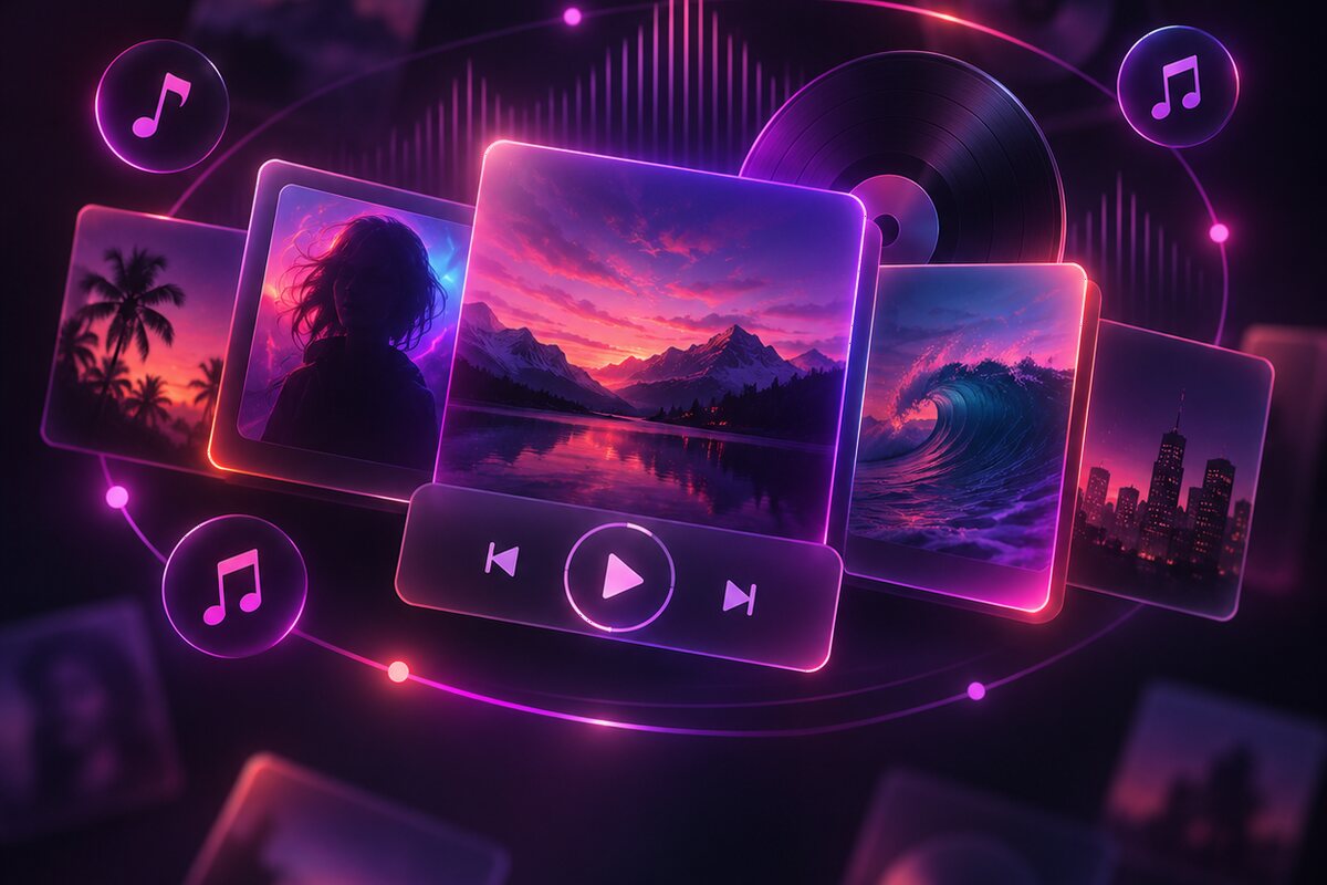 Violette Player-Oberflächen mit Albumgrafiken – Veröffentlichungen zum Streamen und Kaufen bei Amazon Music