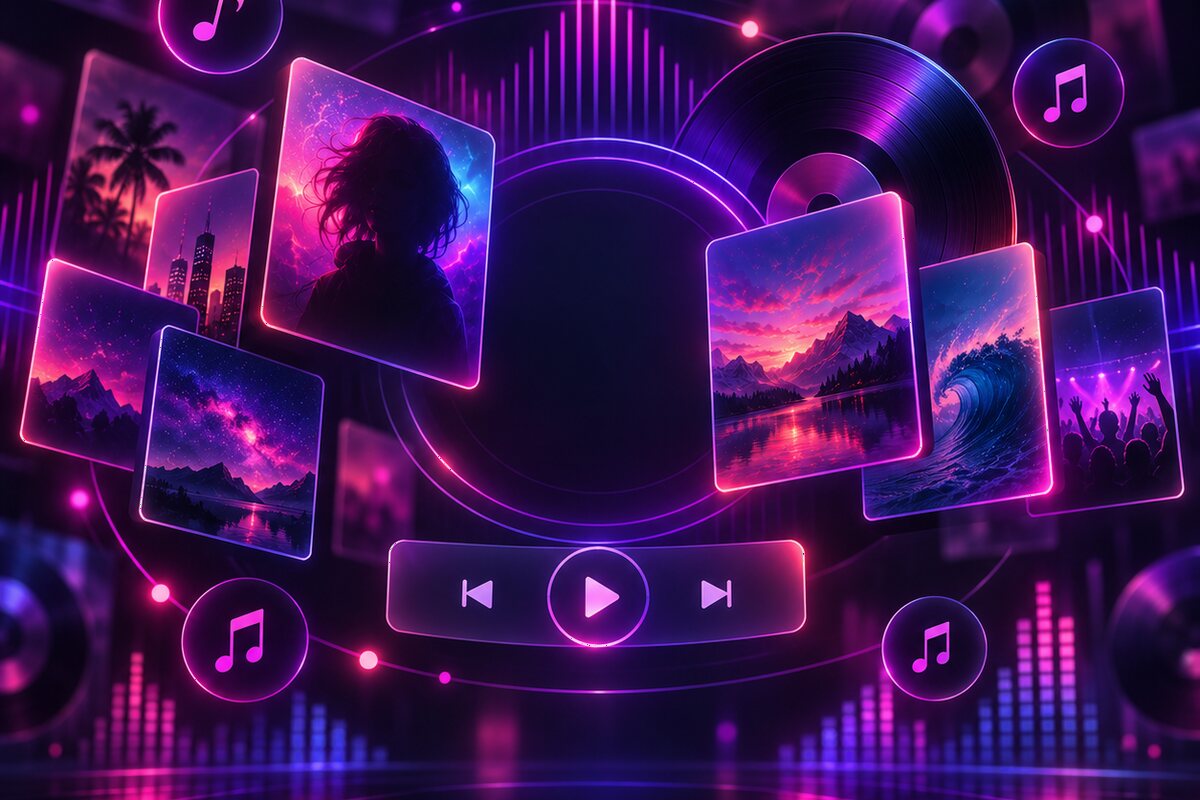 Neonfarbene Musik-Player mit Palmenmotiv – die Diskografie von Stefan Brandenburg zum Streamen bei Apple Music