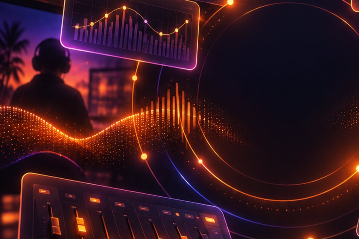 Orange leuchtende Wellenform vor einem Mischpult – der Beatport-Katalog des Labels Tonconnection, gegründet von Stefan Brandenburg