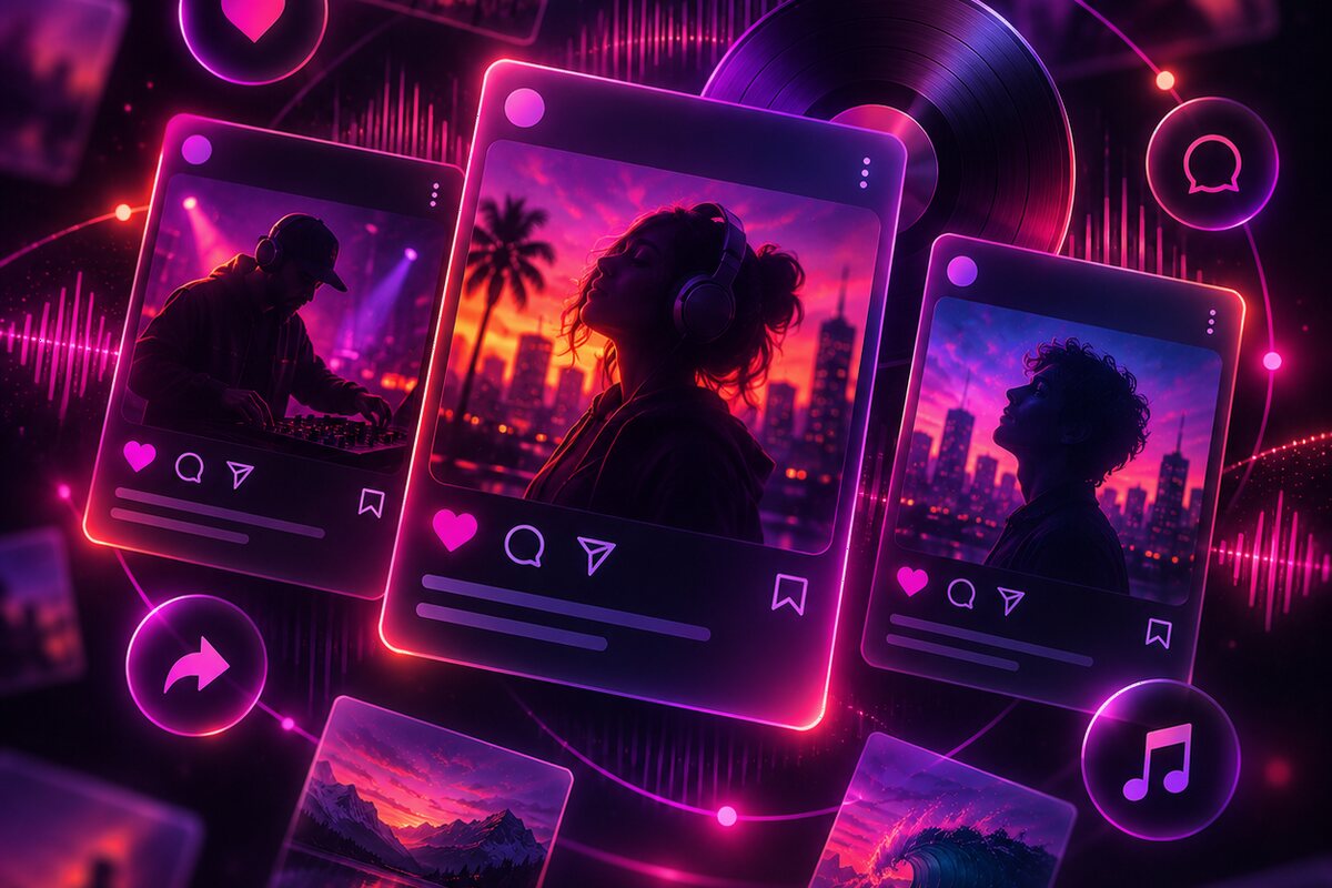 Instagram-Kacheln mit DJ-Silhouette vor nächtlicher Skyline – Einblicke aus dem Studio, Clips von Auftritten und neue Aufnahmen