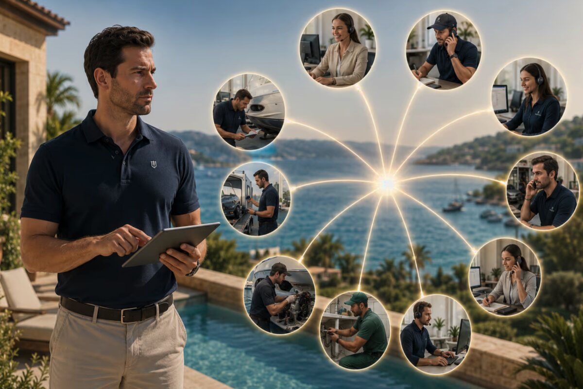 Mann mit Tablet vor mallorquinischer Küste, umgeben von Kundenporträts – Patchman Mallorca, IT-Service und Betreuung für Insel-Kunden