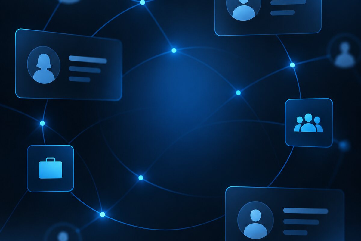 Blaues Netzwerk aus Profilsymbolen und Aktentaschensymbol – berufliches LinkedIn-Profil rund um Webdesign, Softwareentwicklung und Digitalberatung