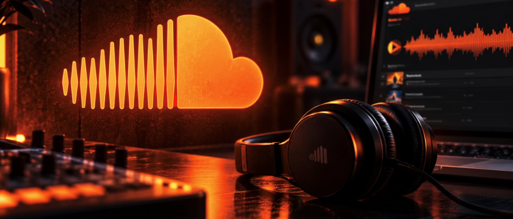 Leuchtende SoundCloud-Wolke neben Kopfhörern und Mischpult im Studio – hier veröffentlicht Stefan Brandenburg neue Tracks und Sounds