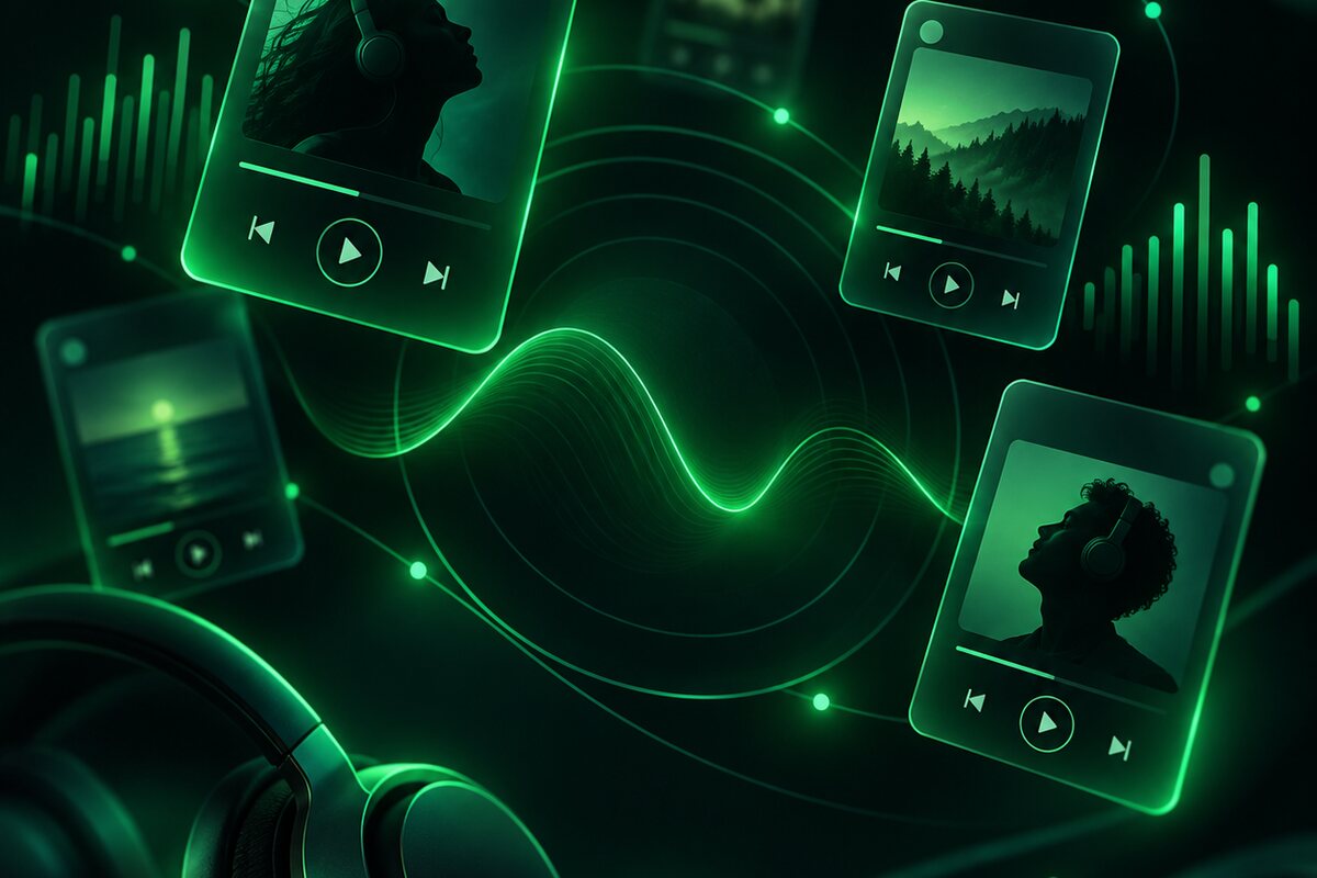 Grüne Schallwelle mit Player-Oberflächen – Releases und Playlists elektronischer Musik zum Streamen auf Spotify
