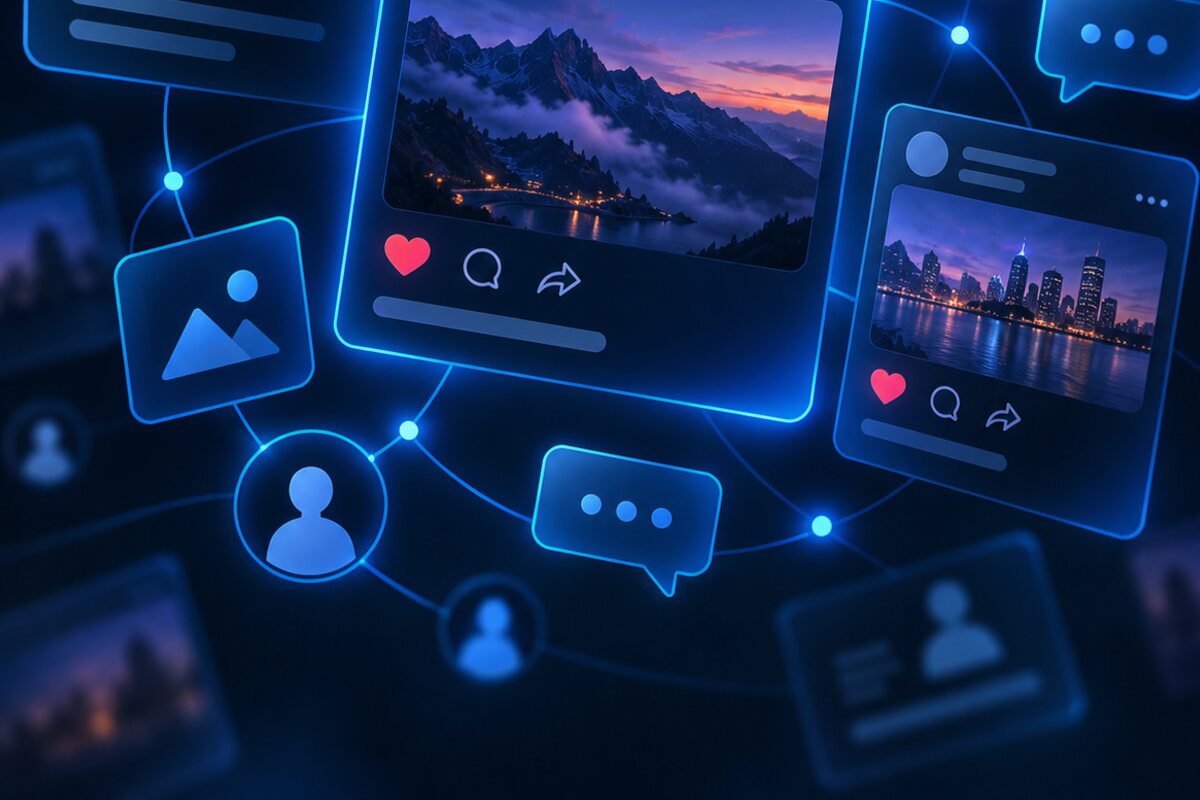 Blaue Social-Media-Kacheln mit Landschaftsfotos – Neuigkeiten und Release-Ankündigungen des Labels Tonconnection