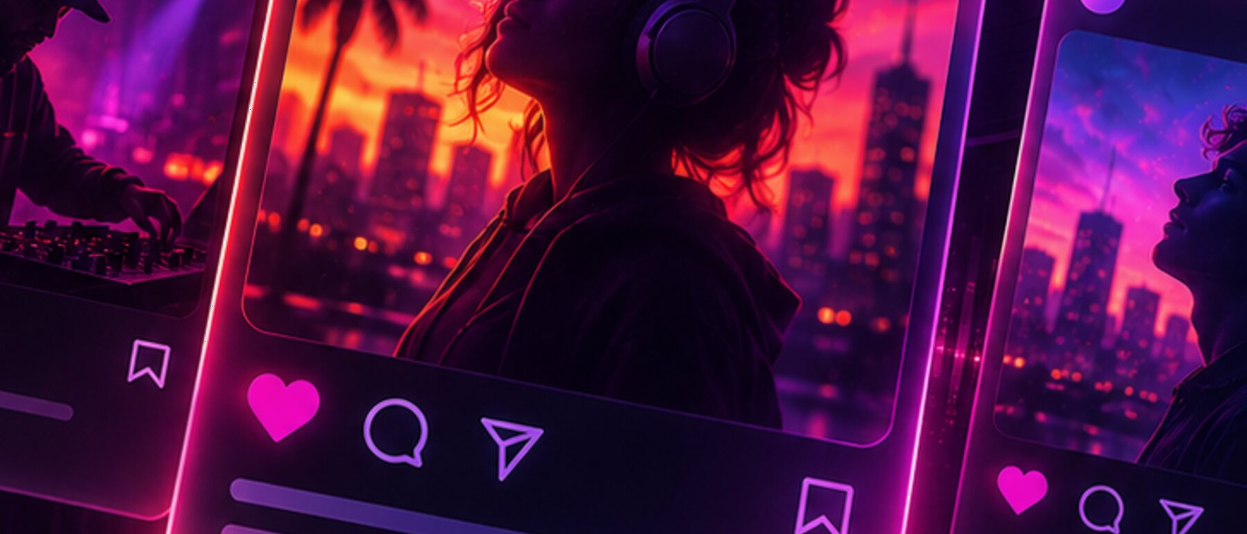 Handybildschirm mit nächtlicher Skyline in Pink und Violett – kurze Clips und spontane Eindrücke auf TikTok
