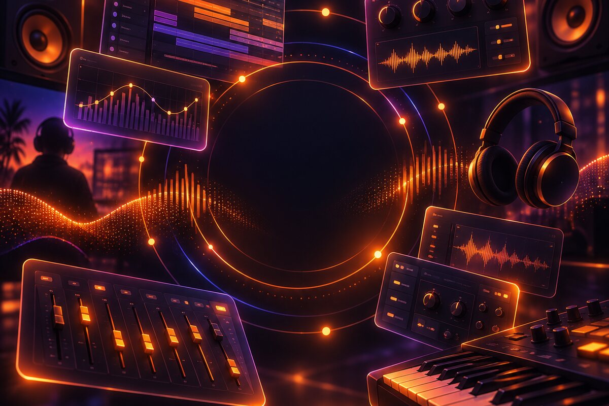 Mischpult, Kopfhörer und Wellenform in warmem Orange – Tonconnection, ein Musiklabel für elektronische Tanzmusik