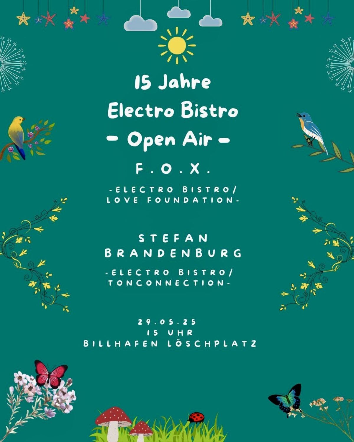 Flyer for the open air marking 15 years of Electro Bistro at Billhafen Löschplatz