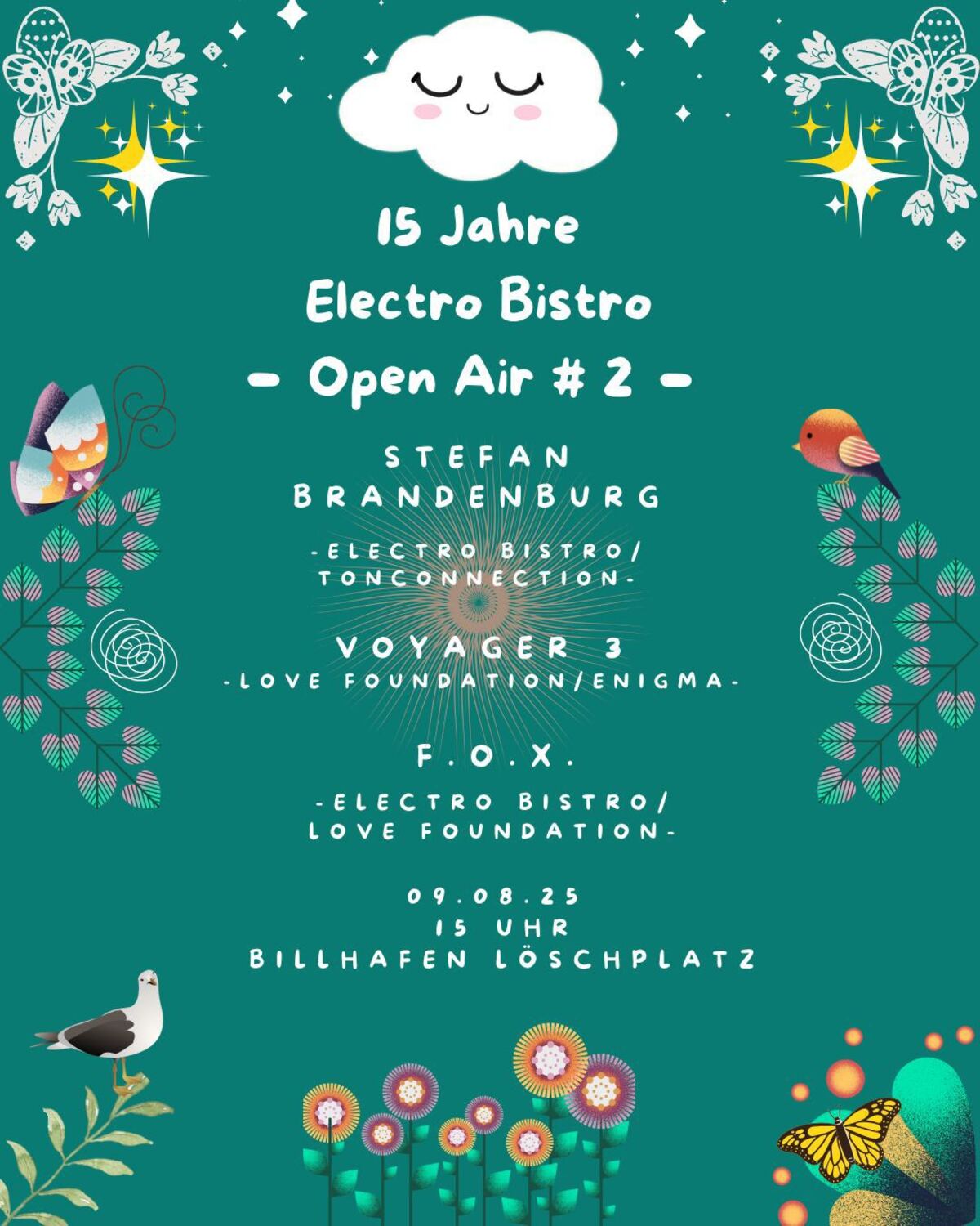 Flyer for the second open air marking 15 years of Electro Bistro at Billhafen Löschplatz